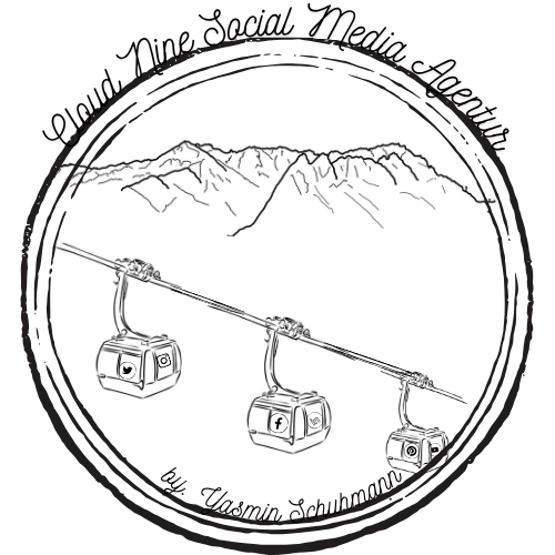 Logo Cloud Nine Social Media Agentur mit dem Alpenpanorama und gondeln zusammen mit den Icons der Social Media Apps